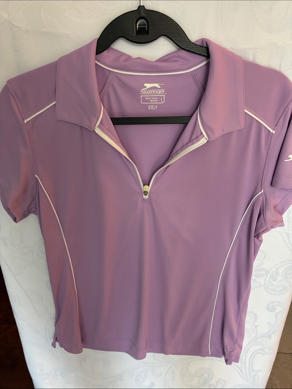 Slazenger Women’s Lavender Zip-Front Golf Polo with White Piping